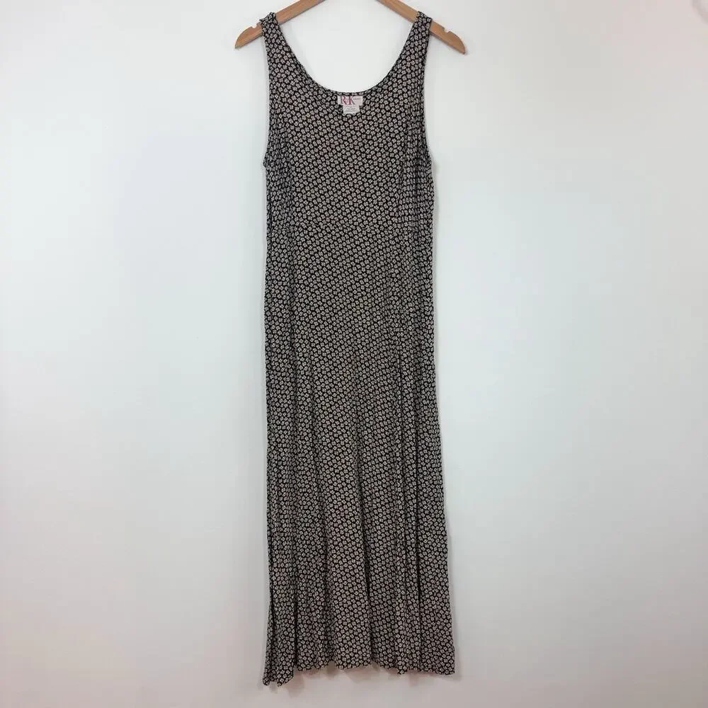 Women’s Vintage Maxi Dress Black Floral Size 14 90’s Sleeveless Sheath Whimsical